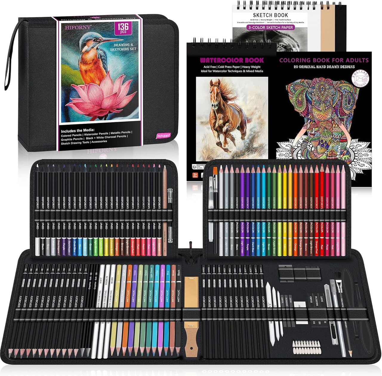 136-Piece Professional Art & Drawing Set – Graphite, Charcoal, Colored, Watercolor & Metallic Pencils with Sketchbook, Watercolor & Coloring Book, Blending Tools, and Zipper Case – Perfect for Artists, Students & Teens